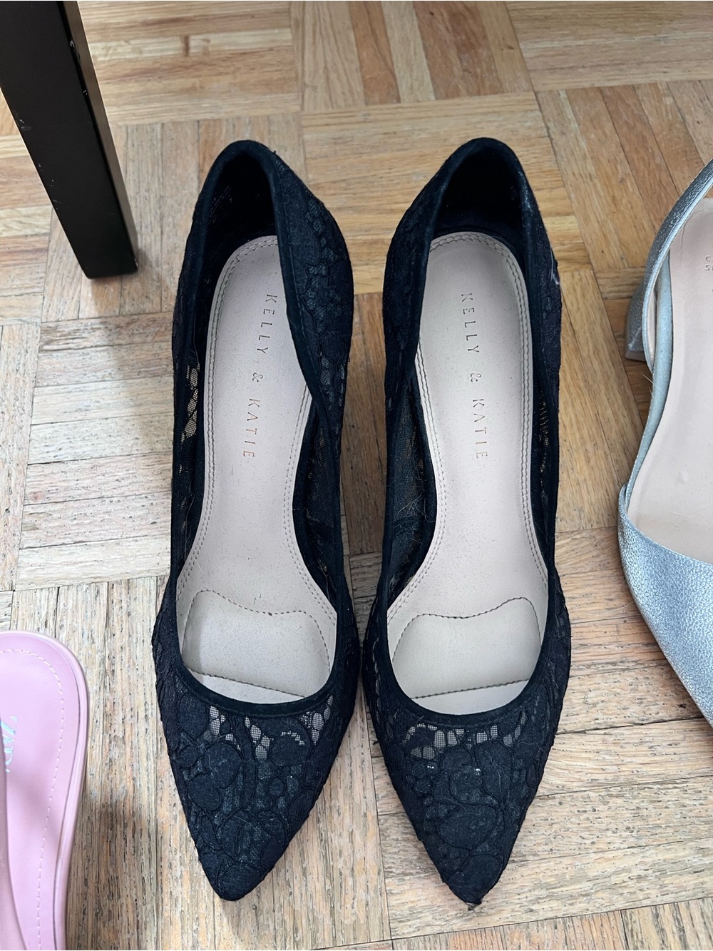 Kelly & Katie Black Lace Pointed Toe Flats